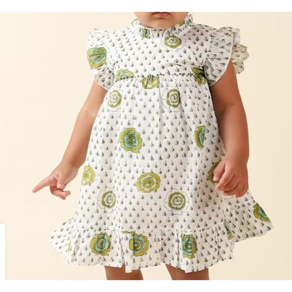 [4/$25] Floral Hand Block Printed Cotton Flutter Sleeve Frock 18-24m